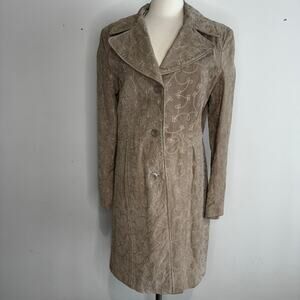 VINTAGE | Y2K Boho Tan Suede Leather Embroidered Jacket Coat Size Large